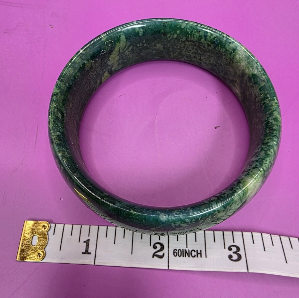 Estate Chinese Green Jade Wide Bangle Bracelet - Picture 8 of 9